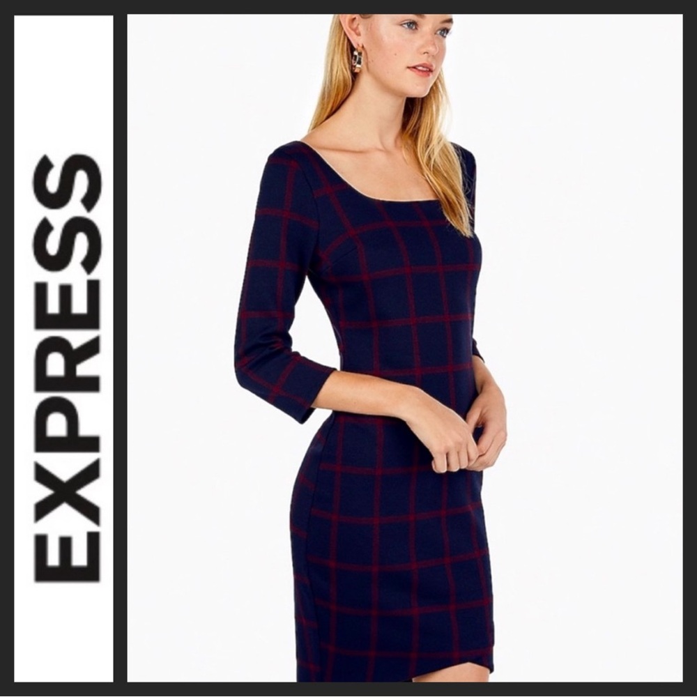 Express Windowpane 3/4 Sleeve Navy and Burgundy Ponte Dress